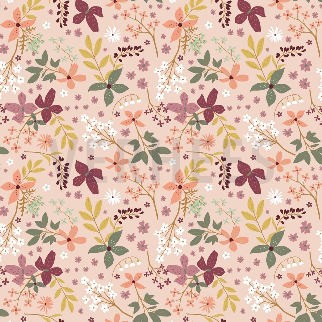 LARGE REMNANT 1.8M. Delicate flowers on pink by Poppy Fabrics