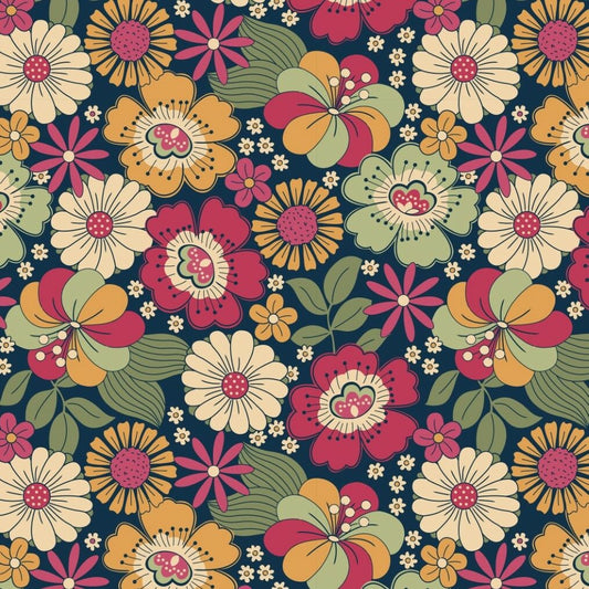 Flower Child on navy Cotton Jersey by The Crafty Pie