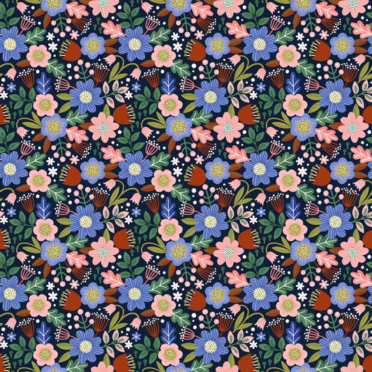 Blue Flowers on Navy by Poppy Fabrics